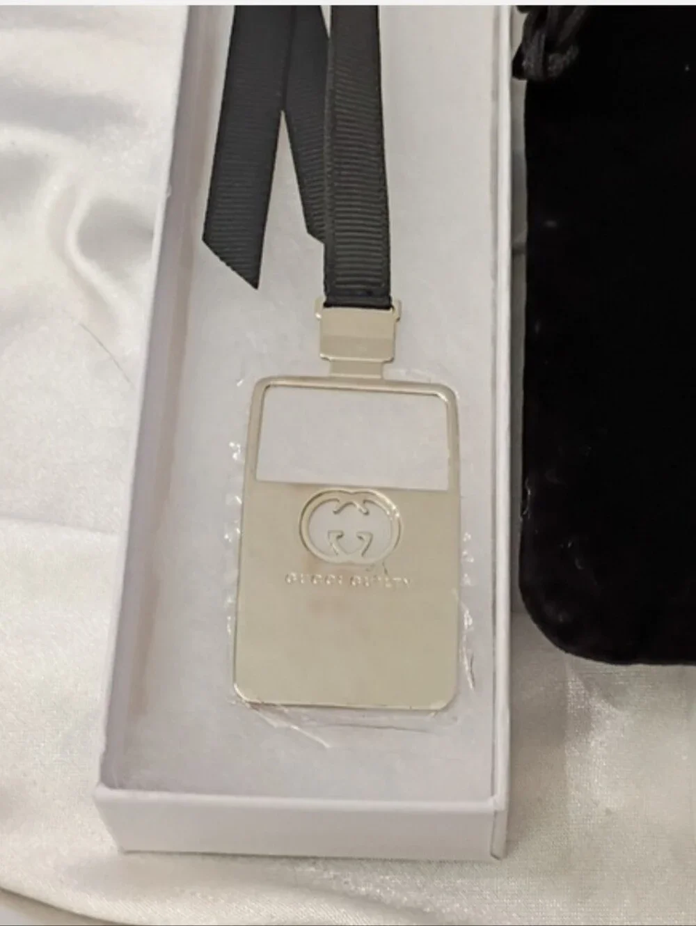 New Gucci Charm Silver Book Mark On Black Ribbon
